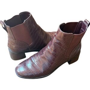 J. Crew Boots Women 9 Brown Croc Embossed Chelsea‎ Ankle Block Heel